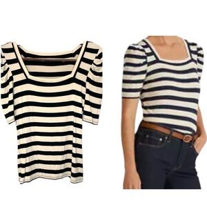 * Tahari Square Neck Striped Top Size M Tan Black Puff Sleeve
